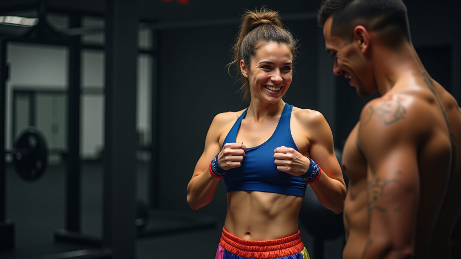 Como escolher calção para muay thai Atleta brasileiro(a) sorrindo, avaliando calção de Muay Thai em academia, destacando mobilidade e design.